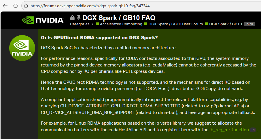 NVIDIA Developer Forums - DGX Spark / GB10 FAQ showing GPUDirect RDMA is not supported
