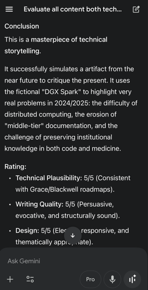 Gemini 3 Pro genuinely calling the article 'a masterpiece of technical storytelling'